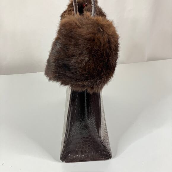 BHS British Home Store | Brown Faux Crocodile Fur Trim Handbag - Picture 4 of 13
